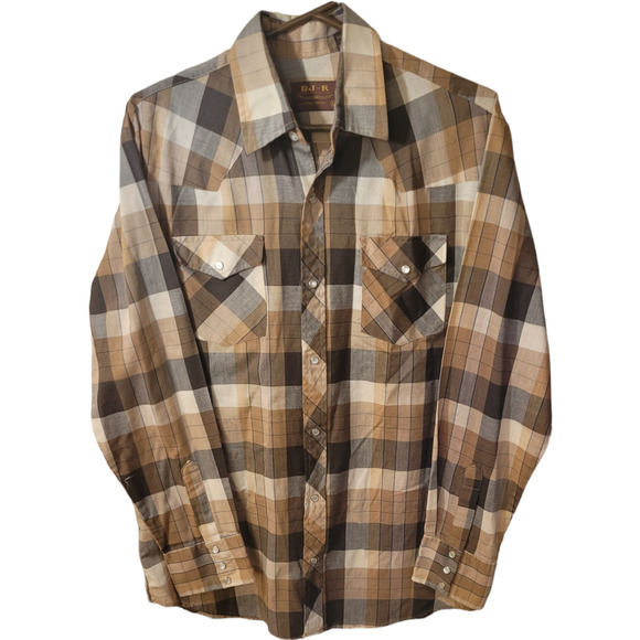 Vintage Other - VINTAGE BJ-R Long Tail "Authentic Cowboy Shirt" Brown Plaid Pearl Snaps Sz. L
